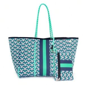 NEW Blue, White & Aqua Geometric Tote & Pouch Set